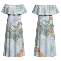 Hawaii Kaho'olawe Island Flowers Lei Family Matching Off Shoulder Maxi Dress and Hawaiian Shirt Silver Hinahina Kū Kahakai LT7 Mom's Dress Silver - Polynesian Pride