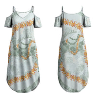 Hawaii Kaho'olawe Island Flowers Lei Family Matching Summer Maxi Dress and Hawaiian Shirt Silver Hinahina Kū Kahakai LT7 Mom's Dress Silver - Polynesian Pride