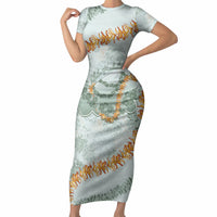 Hawaii Kaho'olawe Island Flowers Lei Short Sleeve Bodycon Dress Silver Hinahina Kū Kahakai LT7 Long Dress Silver - Polynesian Pride