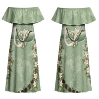 Hawaii Molokai Island Flowers Lei Couples Matching Off Shoulder Maxi Dress and Hawaiian Shirt Kukui Nut Mossy Green