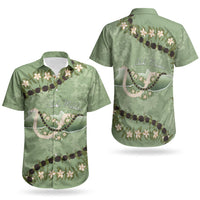 Hawaii Molokai Island Flowers Lei Couples Matching Puletasi and Hawaiian Shirt Kukui Nut Mossy Green