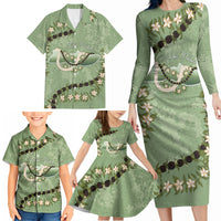 Hawaii Molokai Island Flowers Lei Family Matching Long Sleeve Bodycon Dress and Hawaiian Shirt Kukui Nut Mossy Green LT7 - Polynesian Pride