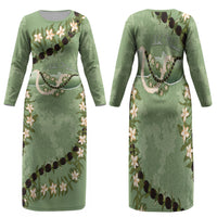 Hawaii Molokai Island Flowers Lei Family Matching Long Sleeve Bodycon Dress and Hawaiian Shirt Kukui Nut Mossy Green LT7 Mom's Dress Moss Green - Polynesian Pride
