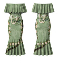 Hawaii Molokai Island Flowers Lei Family Matching Mermaid Dress and Hawaiian Shirt Kukui Nut Mossy Green LT7 Mom's Dress Moss Green - Polynesian Pride
