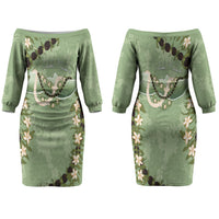 Hawaii Molokai Island Flowers Lei Family Matching Off The Shoulder Long Sleeve Dress and Hawaiian Shirt Kukui Nut Mossy Green
