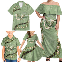 Hawaii Molokai Island Flowers Lei Family Matching Off Shoulder Maxi Dress and Hawaiian Shirt Kukui Nut Mossy Green LT7 - Polynesian Pride