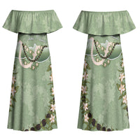Hawaii Molokai Island Flowers Lei Family Matching Off Shoulder Maxi Dress and Hawaiian Shirt Kukui Nut Mossy Green LT7 Mom's Dress Moss Green - Polynesian Pride