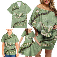 Hawaii Molokai Island Flowers Lei Family Matching Off Shoulder Short Dress and Hawaiian Shirt Kukui Nut Mossy Green LT7 - Polynesian Pride
