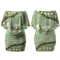 Hawaii Molokai Island Flowers Lei Family Matching Off Shoulder Short Dress and Hawaiian Shirt Kukui Nut Mossy Green LT7 Mom's Dress Moss Green - Polynesian Pride