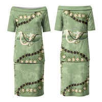 Hawaii Molokai Island Flowers Lei Family Matching Puletasi and Hawaiian Shirt Kukui Nut Mossy Green LT7 Mom's Dress Moss Green - Polynesian Pride