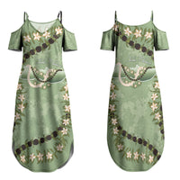 Hawaii Molokai Island Flowers Lei Family Matching Summer Maxi Dress and Hawaiian Shirt Kukui Nut Mossy Green LT7 Mom's Dress Moss Green - Polynesian Pride