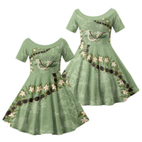 Hawaii Molokai Island Flowers Lei Family Matching Summer Maxi Dress and Hawaiian Shirt Kukui Nut Mossy Green LT7 Daughter's Dress Moss Green - Polynesian Pride