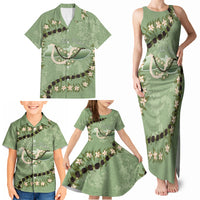 Hawaii Molokai Island Flowers Lei Family Matching Tank Maxi Dress and Hawaiian Shirt Kukui Nut Mossy Green