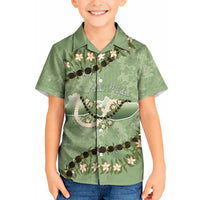 Hawaii Molokai Island Flowers Lei Kid Hawaiian Shirt Kukui Nut Mossy Green LT7 Kid Moss Green - Polynesian Pride