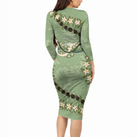 Hawaii Molokai Island Flowers Lei Long Sleeve Bodycon Dress Kukui Nut Mossy Green LT7 - Polynesian Pride