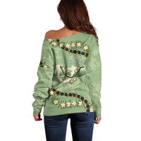 Hawaii Molokai Island Flowers Lei Off Shoulder Sweater Kukui Nut Mossy Green