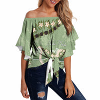Hawaii Molokai Island Flowers Lei Off Shoulder Wrap Waist Top Kukui Nut Mossy Green LT7 - Polynesian Pride
