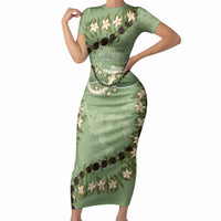 Hawaii Molokai Island Flowers Lei Short Sleeve Bodycon Dress Kukui Nut Mossy Green LT7 Long Dress Moss Green - Polynesian Pride