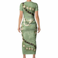 Hawaii Molokai Island Flowers Lei Short Sleeve Bodycon Dress Kukui Nut Mossy Green LT7 - Polynesian Pride