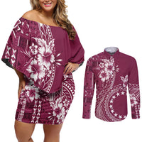 Kia Orana Cook Islands Couples Matching Off Shoulder Short Dress and Long Sleeve Button Shirt Tiare and Stars - Maroon