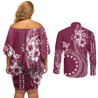 Kia Orana Cook Islands Couples Matching Off Shoulder Short Dress and Long Sleeve Button Shirt Tiare and Stars - Maroon