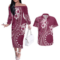 Kia Orana Cook Islands Couples Matching Off The Shoulder Long Sleeve Dress and Hawaiian Shirt Tiare and Stars - Maroon