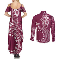 Kia Orana Cook Islands Couples Matching Summer Maxi Dress and Long Sleeve Button Shirt Tiare and Stars - Maroon