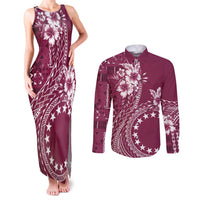 Kia Orana Cook Islands Couples Matching Tank Maxi Dress and Long Sleeve Button Shirt Tiare and Stars - Maroon