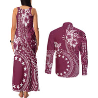 Kia Orana Cook Islands Couples Matching Tank Maxi Dress and Long Sleeve Button Shirt Tiare and Stars - Maroon