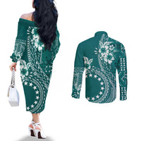 Kia Orana Cook Islands Couples Matching Off The Shoulder Long Sleeve Dress and Long Sleeve Button Shirt Tiare and Stars - Teal