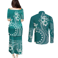 Kia Orana Cook Islands Couples Matching Puletasi and Long Sleeve Button Shirt Tiare and Stars - Teal