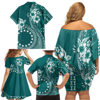 Kia Orana Cook Islands Family Matching Off Shoulder Short Dress and Hawaiian Shirt Tiare and Stars - Teal