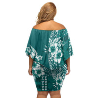 Kia Orana Cook Islands Family Matching Off Shoulder Short Dress and Hawaiian Shirt Tiare and Stars - Teal