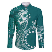 Kia Orana Cook Islands Family Matching Puletasi and Hawaiian Shirt Tiare and Stars - Teal LT7 Dad's Shirt - Long Sleeve Teal - Polynesian Pride