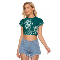 Kia Orana Cook Islands Raglan Cropped T Shirt Tiare and Stars - Teal