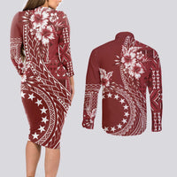 Kia Orana Cook Islands Couples Matching Long Sleeve Bodycon Dress and Long Sleeve Button Shirt Tiare and Stars - Scarlet