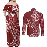 Kia Orana Cook Islands Couples Matching Off Shoulder Maxi Dress and Long Sleeve Button Shirt Tiare and Stars - Scarlet