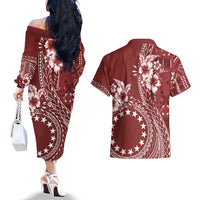 Kia Orana Cook Islands Couples Matching Off The Shoulder Long Sleeve Dress and Hawaiian Shirt Tiare and Stars - Scarlet