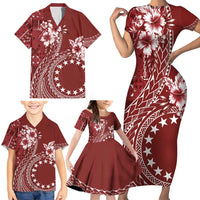 Kia Orana Cook Islands Family Matching Short Sleeve Bodycon Dress and Hawaiian Shirt Tiare and Stars - Scarlet