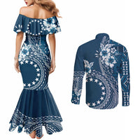 Kia Orana Cook Islands Couples Matching Mermaid Dress and Long Sleeve Button Shirt Tiare and Stars - Navy Blue