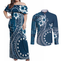 Kia Orana Cook Islands Couples Matching Off Shoulder Maxi Dress and Long Sleeve Button Shirt Tiare and Stars - Navy Blue
