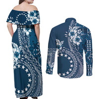 Kia Orana Cook Islands Couples Matching Off Shoulder Maxi Dress and Long Sleeve Button Shirt Tiare and Stars - Navy Blue