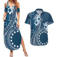 Kia Orana Cook Islands Couples Matching Summer Maxi Dress and Hawaiian Shirt Tiare and Stars - Navy Blue