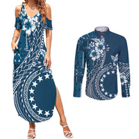 Kia Orana Cook Islands Couples Matching Summer Maxi Dress and Long Sleeve Button Shirt Tiare and Stars - Navy Blue
