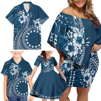 Kia Orana Cook Islands Family Matching Off Shoulder Short Dress and Hawaiian Shirt Tiare and Stars - Navy Blue