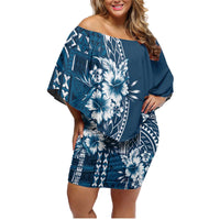 Kia Orana Cook Islands Family Matching Off Shoulder Short Dress and Hawaiian Shirt Tiare and Stars - Navy Blue
