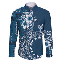 Kia Orana Cook Islands Family Matching Puletasi and Hawaiian Shirt Tiare and Stars - Navy Blue LT7 Dad's Shirt - Long Sleeve Navy Blue - Polynesian Pride