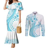 Kia Orana Cook Islands Couples Matching Mermaid Dress and Long Sleeve Button Shirt Tiare and Stars - Turquoise