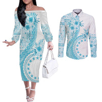 Kia Orana Cook Islands Couples Matching Off The Shoulder Long Sleeve Dress and Long Sleeve Button Shirt Tiare and Stars - Turquoise