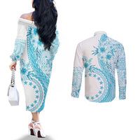 Kia Orana Cook Islands Couples Matching Off The Shoulder Long Sleeve Dress and Long Sleeve Button Shirt Tiare and Stars - Turquoise